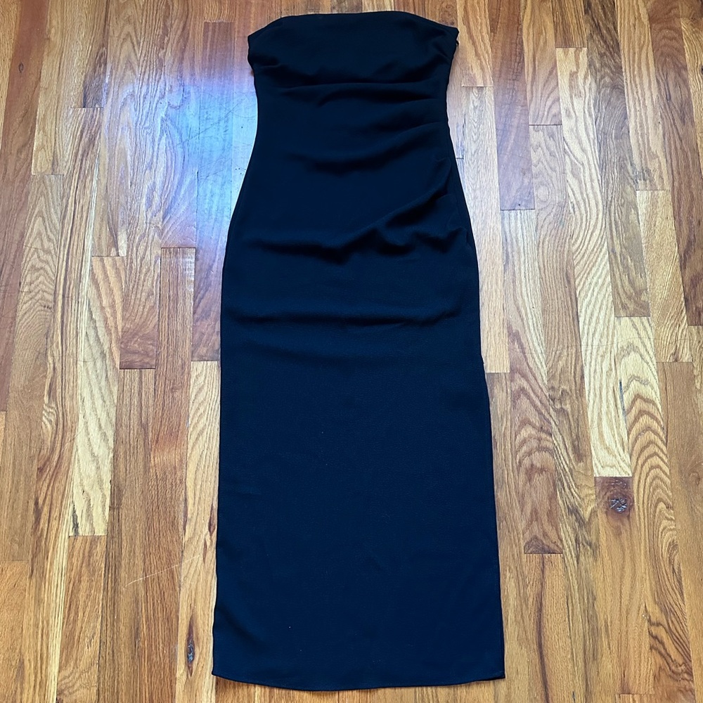ZARA Bandeau Ruched Black Side Slit Maxi Dress